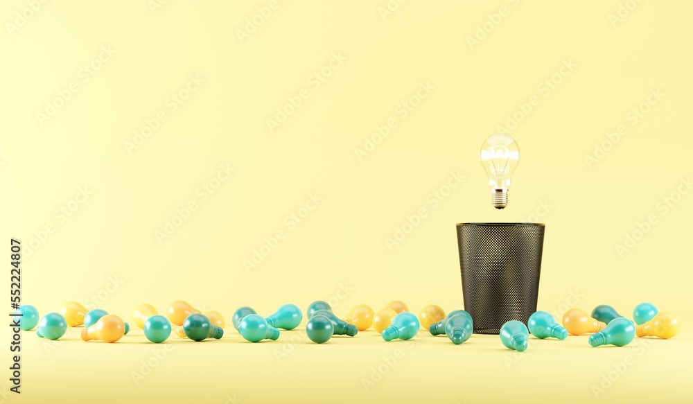 Poster lighting bulb floating on bin trash with colorful illumination bulb placed on a yellow background. 3
