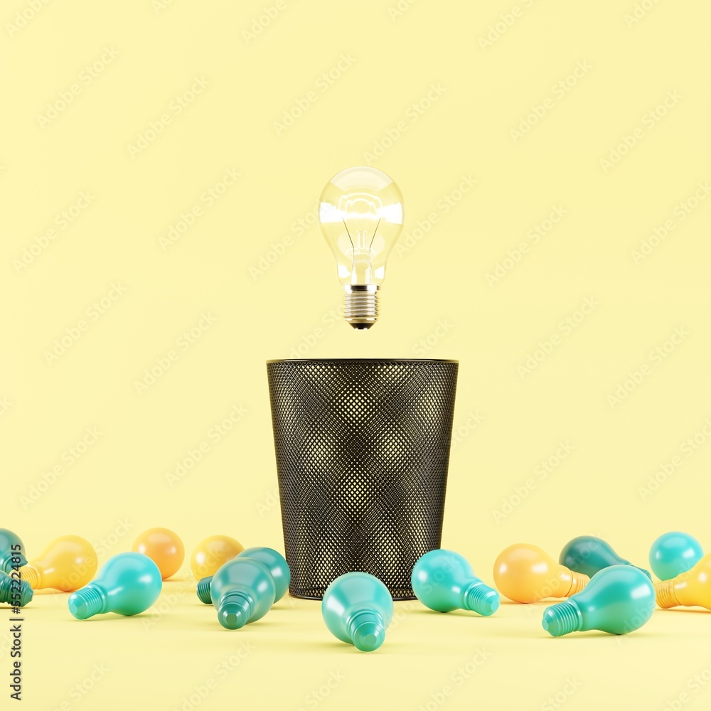 Poster lighting bulb floating on bin trash with colorful illumination bulb placed on a yellow background. 3