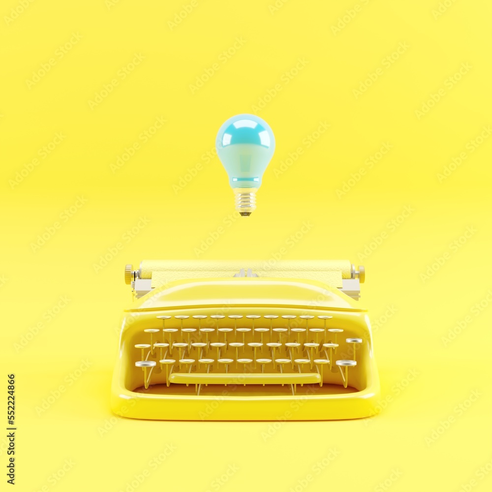 Poster yellow color typewriter with blue light bulb floating . minimal creative idea. 3d render.