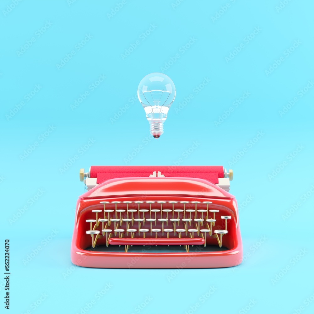 Fototapete red color typewriter with lighting bulb floating . minimal creative idea. 3d render.