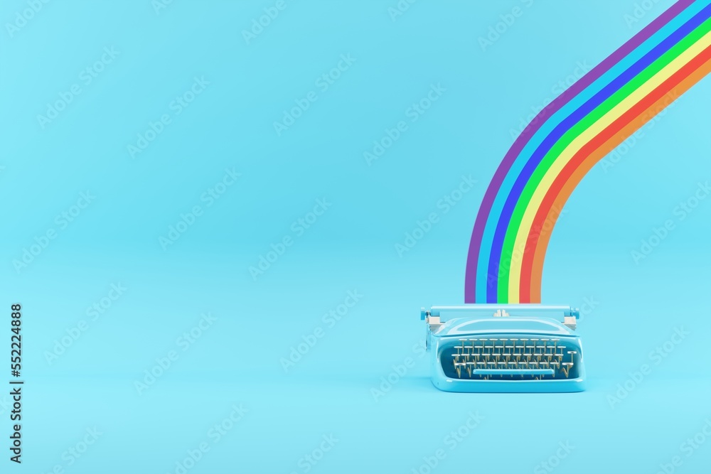 Poster blue color typewriter with rainbow printing isolate on blue background. minimal creative idea. 3d re