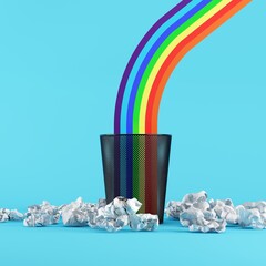 Rainbow color on Recycle bin with paper trash on blue background. 3D Render. Creative minimal idea concept.
- 552224837