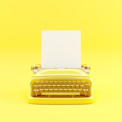 Yellow color typewriter with blank white paper for adding your announcement or text. Yellow color theme. 3D Render.