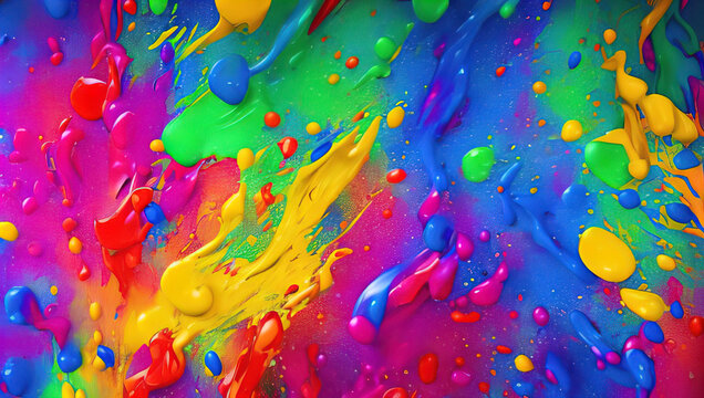 horizontal 3d illustration of a colorful paint splash, colour pigmented burst,