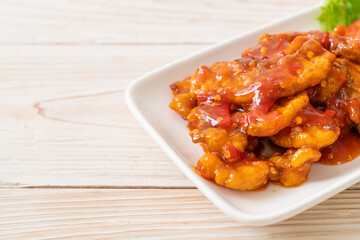 Fried fish topped with 3 flavors chili sauce