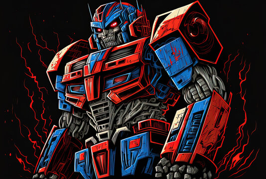 Red and blue robot transformer against a black backdrop. Generative AI