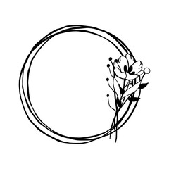 Black line Bunch of Flower on triple circle frame. Vector illustration for decorate logo, greeting cards and any design.