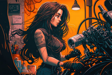 Obraz na płótnie Canvas Stunning young woman with long hair working on a motorcycle in the garage. Generative AI