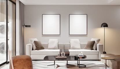 Obraz na płótnie Canvas Interior living room contemporary style,gray sofa wooden wall and floor and day light from window. 3D illustration