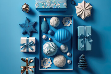 Popular holiday presents holiday decorations on a blue and white table Generative AI