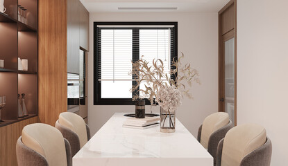 Modern Dining and kitchen interior with dining table and chairs. 3D illustration
