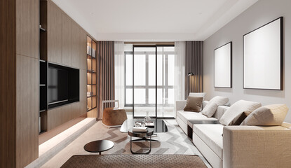 Interior living room contemporary style,gray sofa wooden wall and floor and day light from window. 3D illustration