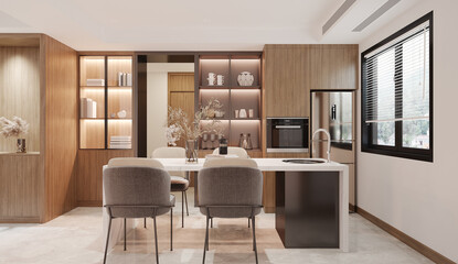 Modern Dining and kitchen interior with dining table and chairs. 3D illustration
