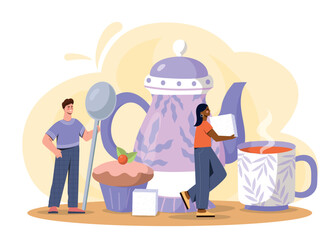 Tea time concept. Man and woman with large utensils, hot drink. Dessert and delicacy. Mug, teapot and cupcake. Cafe or restaurant. Poster or banner for website. Cartoon flat vector illustration