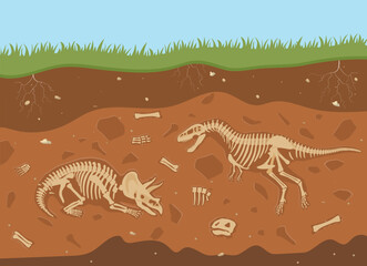 Underground dinosaur bones. Fossils, archeology and paleontology, Animals before our era, nature and history, BC. Mixture of organic matter, minerals concept. Cartoon flat vector illustration © Rudzhan