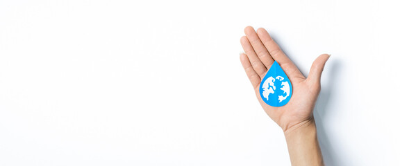 Hands holding water drop paper cut, Washing hand, Hand sanitizer and Hygiene. World water day, Saving water and world environmental protection concept