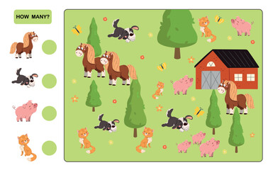 Animals math education. Educational material for children, development of concentration and mindfulness. Farming and agriculture. Dogs, foxes, pigs and horses. Cartoon flat vector illustration