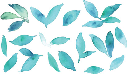 水彩画。水彩タッチの緑の葉っぱベクターイラスト。植物イラストの水彩セット。Watercolor painting. Green leaves vector illustration with watercolor touch. Watercolor set of botanical illustration.