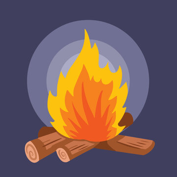 Bon fire or camp fire in dark background vector illustration. Pictogram drawing with cartoon flat art style isolated on dark gray background with square shaped template.