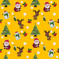 Christmas New Year Holiday seamless pattern. Cute santa and reindeer and christmas ornament pattern background. 