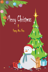 Merry Christmas greeting card illustration design with snowman bringing presents and christmas tree