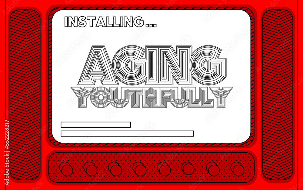 Poster cartoon computer with the word aging youthfully. message of a screen displaying an installation wind