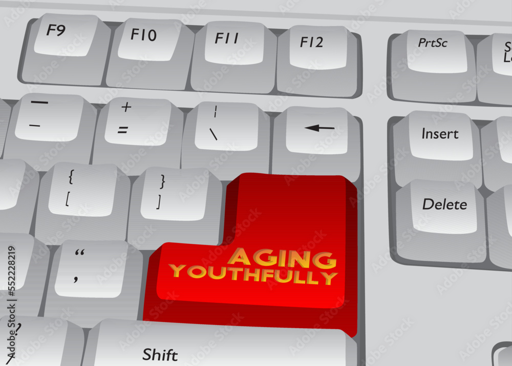 Poster computer keyboard with aging youthfully text. close-up of an electronic computer device part, keypad