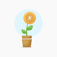 plant with dollar coin icon cartoon style illustration