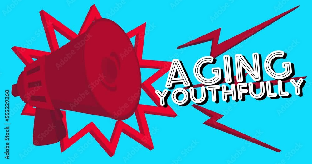 Poster dancing red megaphone with aging youthfully text on blue background. 4k resolution animation with fu