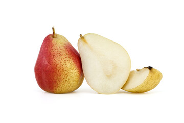Whole and half cut pears on white background