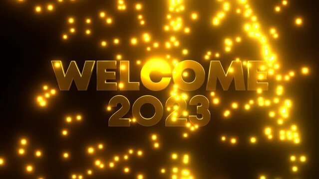 WELCOME 2023 with golden falling particle on black background. 4K UHD. 3d rendering.