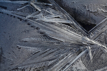 Closeup of frosty ice patterns in winter
