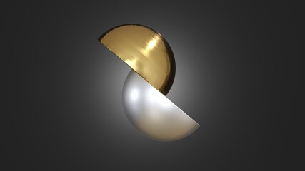 Gold, Silver Sphere shape geometry slice concept idea. 3D render. Geometry concept design