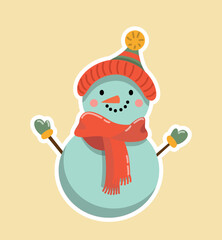 Christmas snowman icon. Snow character with mittens, scarf and hat. Culture and traditions. Symbol of winter holidays and new year. Poster or banner for website. Cartoon flat vector illustration