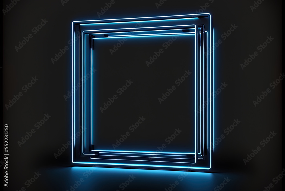 Poster empty copy space within a blue-toned square or rectangle frame animated in neon color on a black bac
