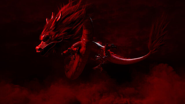 Flying Chinese Dragon against a Red Cloudy Sky. New Year Concept.