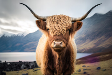 Low-angle view of a fluffy highland cow with long horns; a mountain is out of focus in the distance. Generative AI - obrazy, fototapety, plakaty