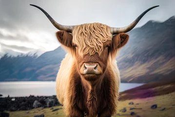 Foto op Canvas Low-angle view of a fluffy highland cow with long horns  a mountain is out of focus in the distance. Generative AI © LukaszDesign