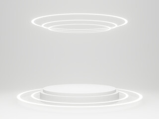 3D White Sci-Fi product display background. Scientific podium with white neon lights.