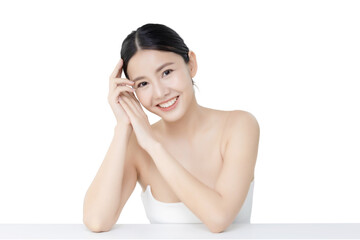 Studio shot Beautiful young Asian woman with clean fresh skin isolated on transparent background,...