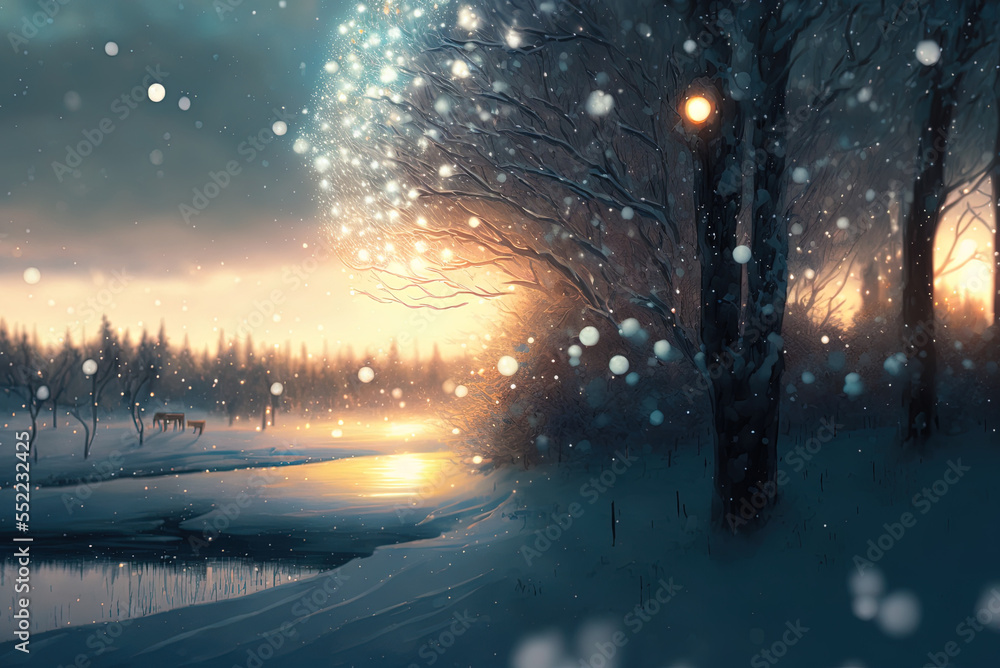 Poster mountainous snowscape with out-of-focus illumination generative ai