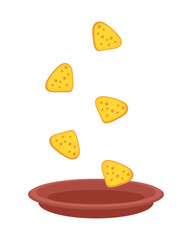 Mexican nachos tortilla chips falling into an empty bowl. Perfect for tee, poster, menu and print. Isolated vector illustration for decor and design.