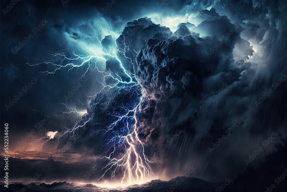 Poster nighttime lightning strikes in a thunderstorm against a backdrop of gloomy clouds. generative ai