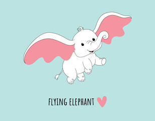 Flying elephant doodle. White tropical animal with big ears. African style and savannah. Design element for invitation and greeting postcard. Imagination and fantasy. Cartoon flat vector illustration