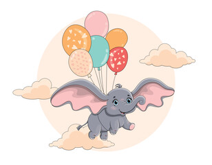 Flying elephant with balloons color. Fantasy and imagination, adventure and travel. Greeting and invitation postcard design. Tenderness, love and lightness concept. Cartoon flat vector illustration