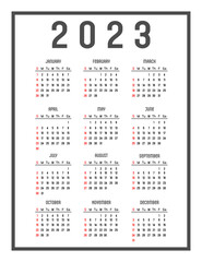 Calendar 2023 in English. The days of the week are at the top, week start Sunday. Vector illustration