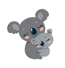 Mother koala with baby. Care and love, good relations. Tropic and exotic. Poster or banner for website. Toy and mascot for children. Tenderness, care and love. Cartoon flat vector illustration © Rudzhan