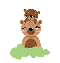 Obraz na płótnie Canvas Mother bear with baby. Sticker for social networks and instant messengers. Forest inhabitants in bushes, flora and fauna. Biology and zoology. Nature and wild life. Cartoon flat vector illustration