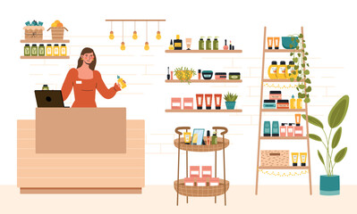 Seller in cosmetics shop. Young person in store at counter. Skin care and spa treatments. Gels, sprays and creams. Beauty and hygiene. Poster or banner for website. Cartoon flat vector illustration