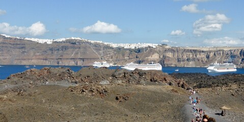 Volcano hike in Santorini  with views of Fira and Cruise ships in the Caldera